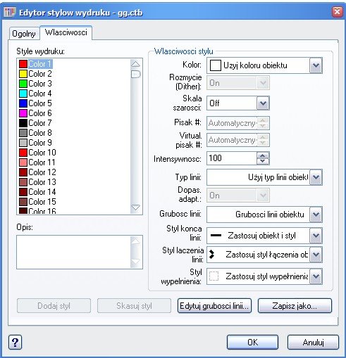 ZwCAD edytor stylów wydruku ctb
