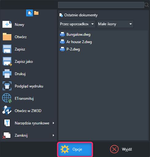 Opcje w menu wstążkowym w ZWCAD 2019 Opcje w menu wstążkowym w ZWCAD 2019