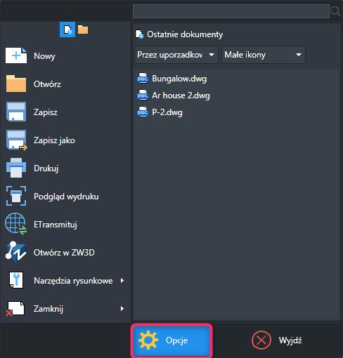 Opcje w menu wstążkowym w ZWCAD 2019