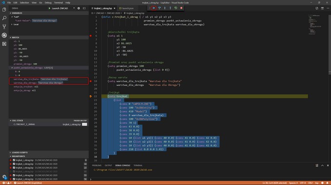 Edytor LISP oraz Visual LISP w ZWCAD 2020 z zaznaczonym fragmentem wykonywanego kodu