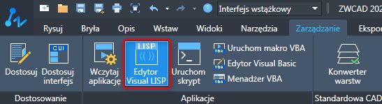 Edytor Visual LISP – wybór z poziomu menu wstążkowego