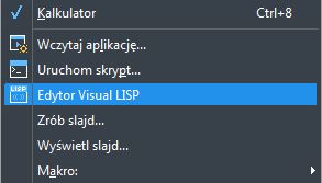 Uruchamianie edytora VISUAL LISP z poziomu menu rozwijanego (dla menu klasycznego)