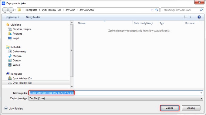 DATAEXTRACTION - Ekstrakcja danych w ZWCAD - Okno zapisu pod dowolną nazwą pliku konfiguracyjnego z rozszerzeniem .zex