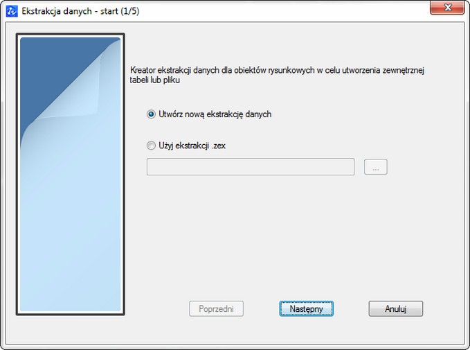 DATAEXTRACTION Kreator ekstrakcji danych krok 1 z 5 - Utwórz nową ekstrakcję danych