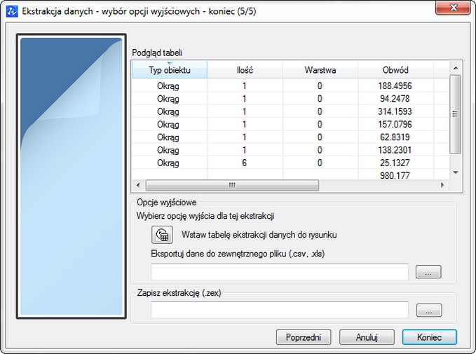 Ekstrakcja danych krok 5 z 5 wstępny wygląd tabeli DATAEXTRACTION Ekstrakcja danych krok 5 z 5 wstępny wygląd tabeli. Widoczne wartości dla właściwości okręgów oraz ich ilości.