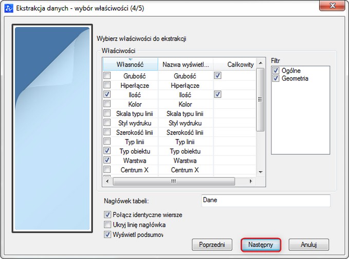 DATAEXTRACTION - Widok odczytanych ustawień z utworzonego wcześniej pliku .zex