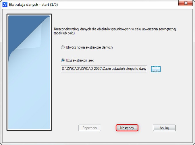 DATAEXTRACTION - Okno po wybraniu pliku zex - przycisk Następny