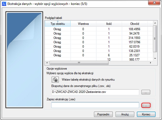 DATAEXTRACTION - Ekstrakcja danych w ZWCAD - Opcja utworzenia pliku konfiguracji .zex