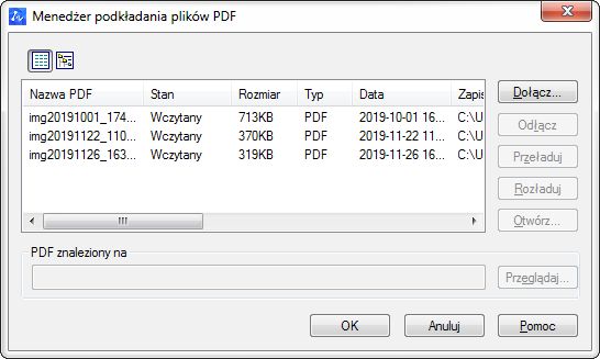 Menadżer podkładania plików PDF w ZWCAD 2020 z podłożonymi plikami