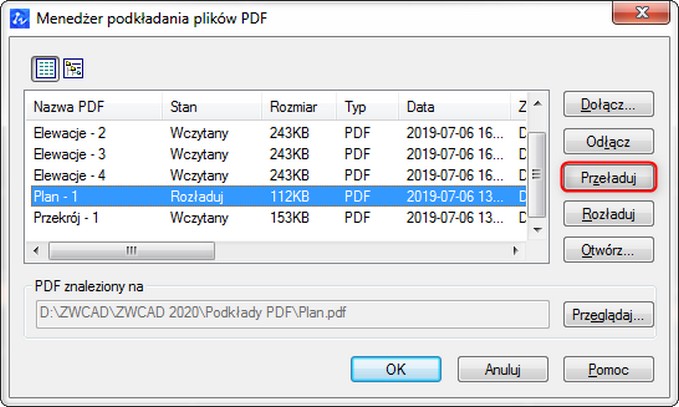 Przycisk Przeładuj – Przeładowywanie rozładowanego pliku pdf powoduje ponowne jego wyświetlenie w ZWCAD