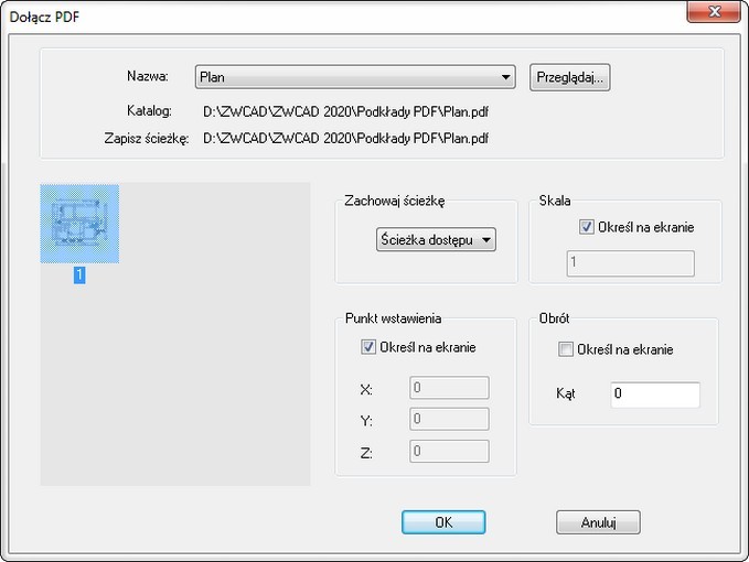 Okno dołączające PDF do rysunku umożliwiające również wybór PDF w przypadku PDF wielostronicowych