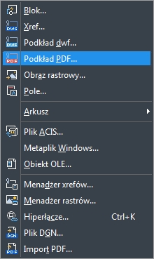 Wstawianie podkładu PDF w menu klasycznym w ZWCAD