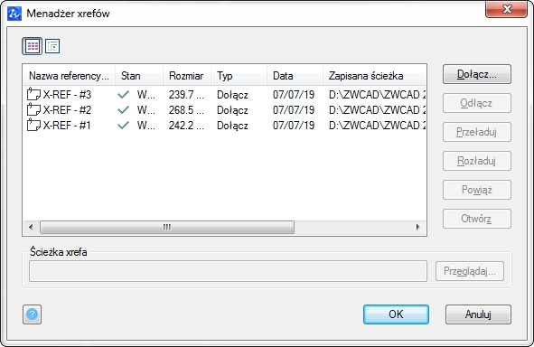 Manager x-refów. Na liście widać trzy podłączone rysunki.