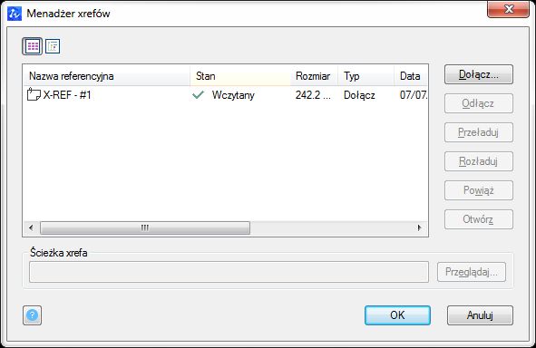 Menadżer x-refów i widoczny na liście wczytany rysunek X-REF - #1