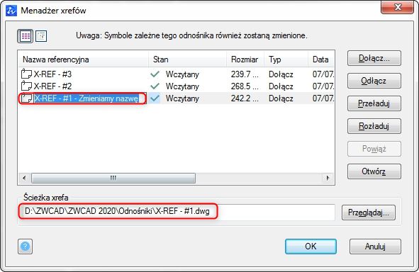 Zwcad zmiana nazwy referencyjnej odnośnika zewnętrznego (xrefa)