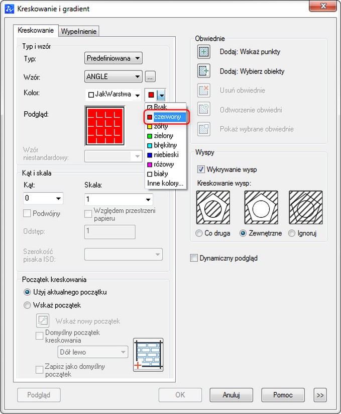 Okno dialogowe kreskowanie i gradient po wybraniu tła czerwonego