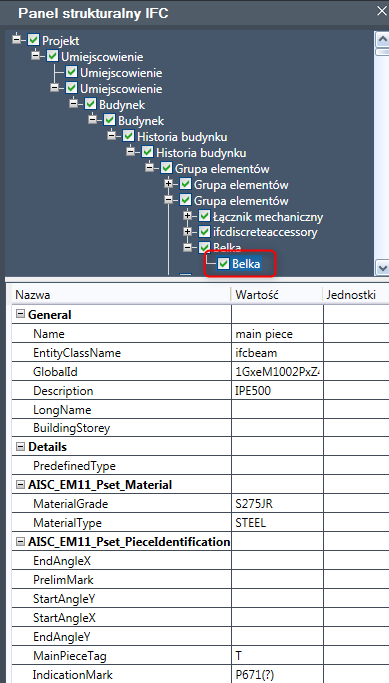 Panel IFC pozwalający na łatwą lokalizację elementów na rysunku oraz odczyt właściwości elementów
