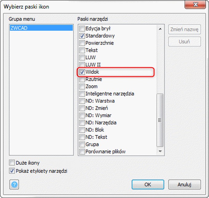 Wybór paska narzędzi Widok w ZWCAD 2022