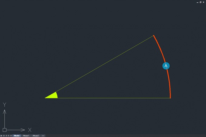 Pomiar kąta łuku poprzez kliknięcie w łuk oznaczony literą A