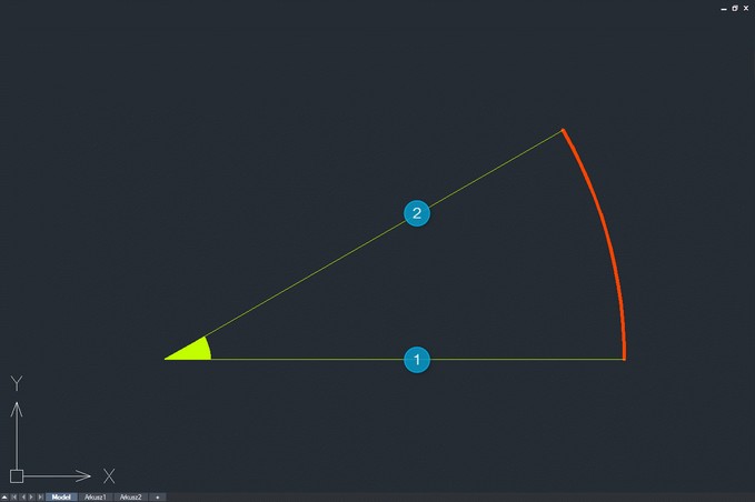 Pomiar kąta łuku (lub kąta zawartego pomiędzy liniami) – klikamy w linię 1 oraz 2