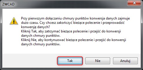 Okno dialogowe informujące o konwersji pliku z chmurą punktów.