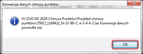 Okno dialogowe konwersji chmury punktów z informacją o powodzeniu.