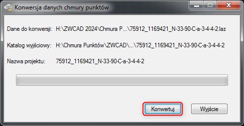 Okno konwersji danych dla chmury punktów w ZWCAD 2024 z widocznym paskiem postępu. Klikamy Konwertuj