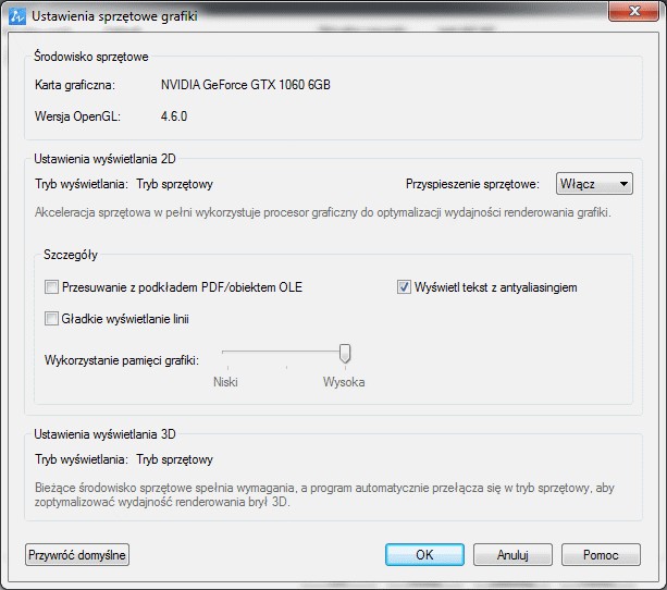 Okno dialogowe: Ustawienia sprzętowe grafiki w ZWCAD 2024